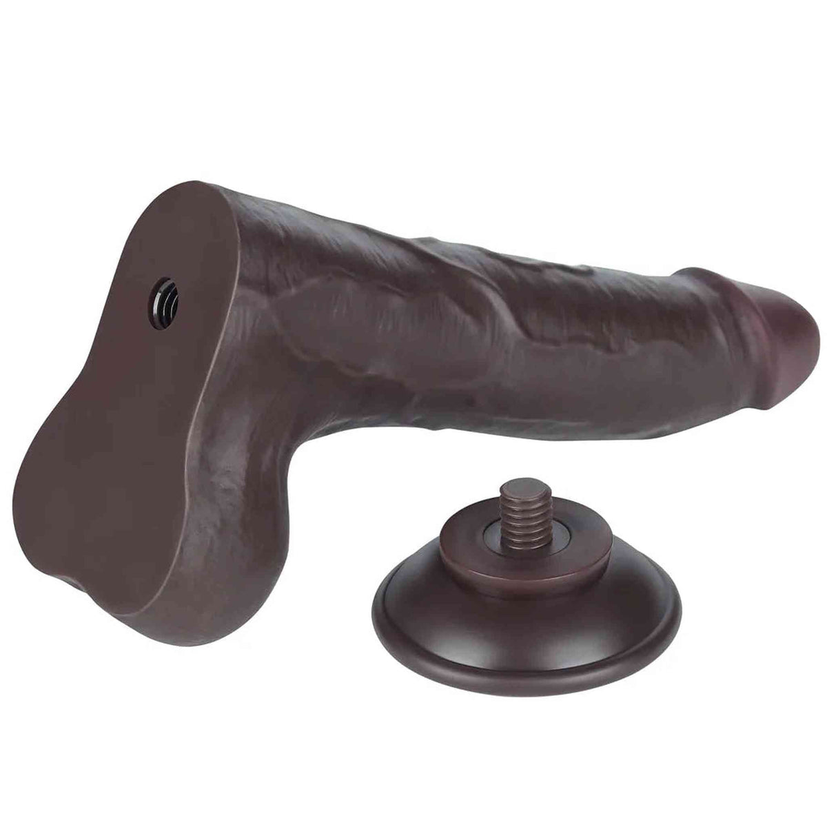Vista dall'alto base dildo nero con foro centrale e supporto a vite