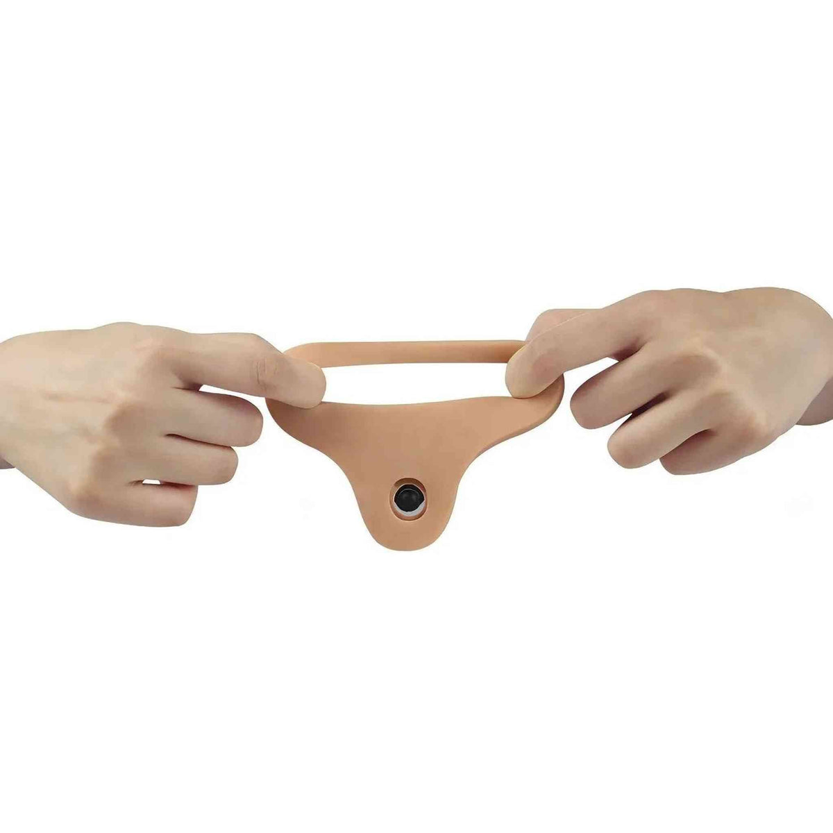Doppio dildo rosa carne flessibile mostrato da due mani con pulsante nero