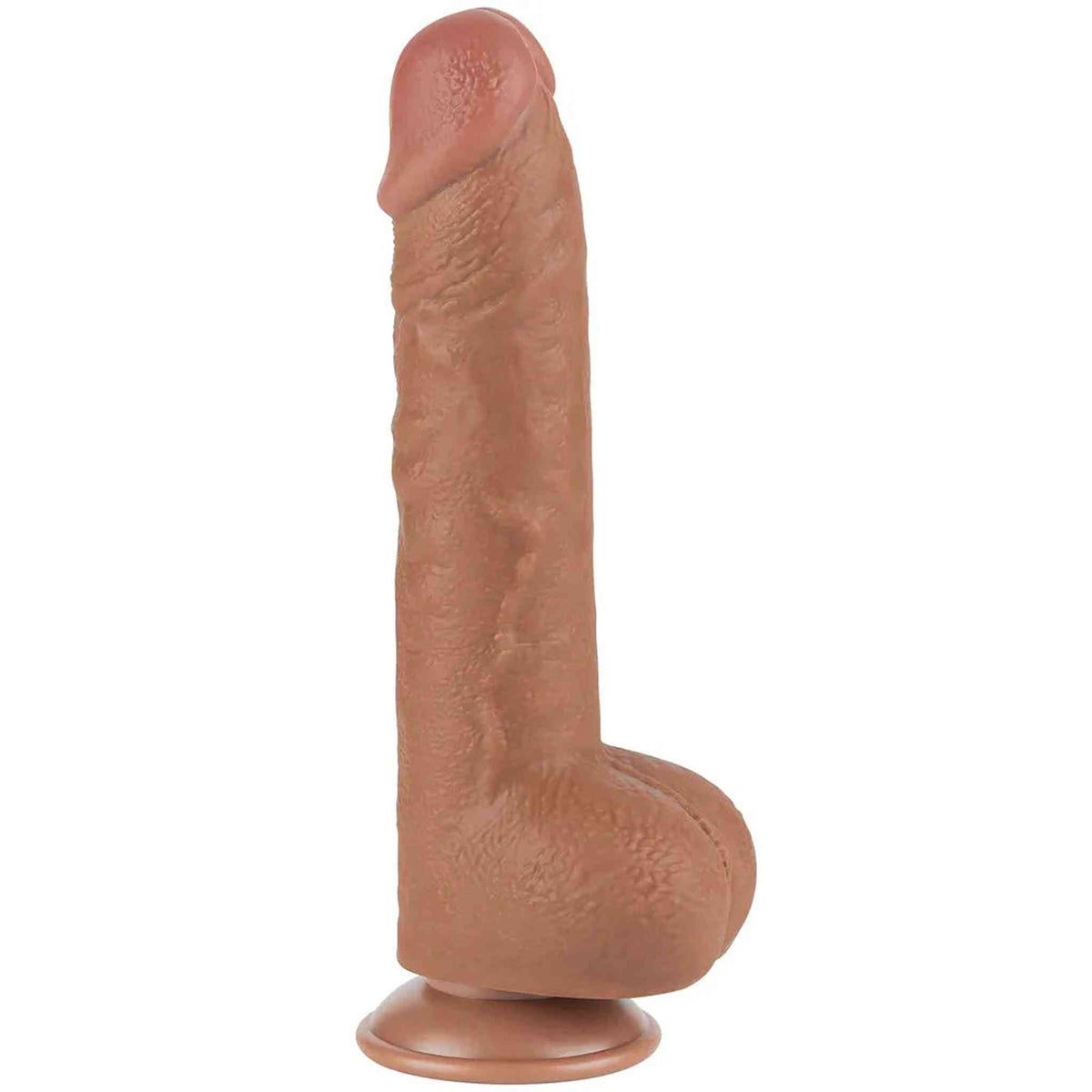 Dildo realistico carnoso verticale con scroto modellato su base piatta