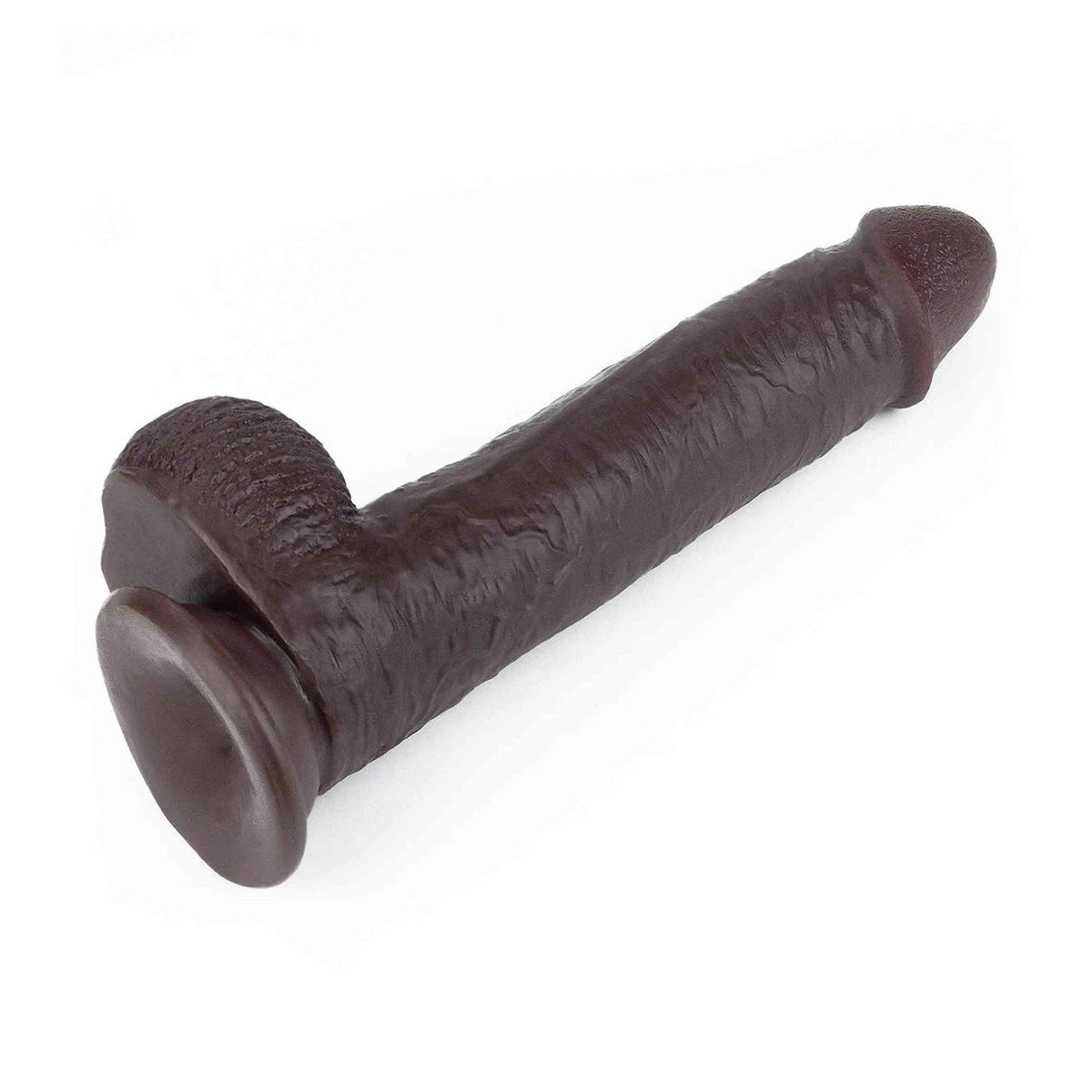 Dildo nero diagonale con forma anatomica, vene e anello fissaggio base
