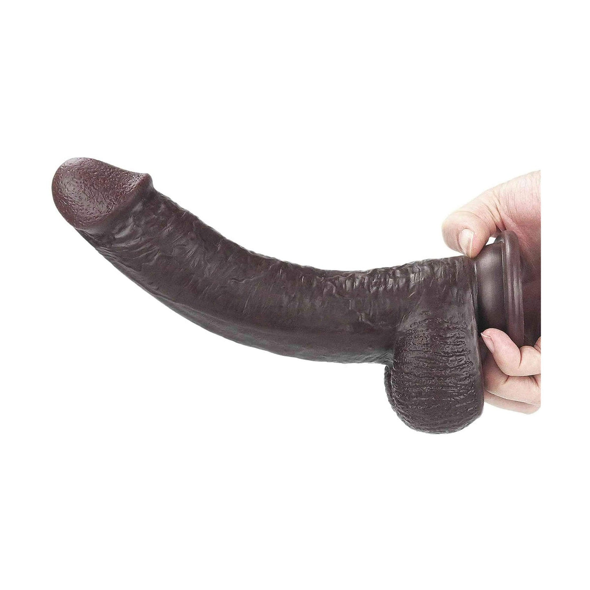 Dildo nero lungo curvo con testa più scura e anello di fissaggio base