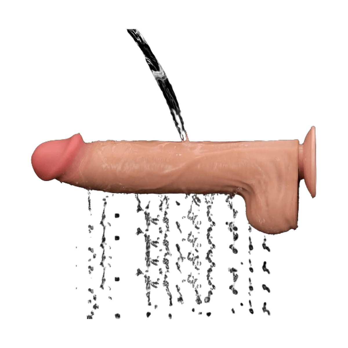 Dildo impermeabile colore carne con acqua che scorre su superficie lucida e dettagli anatomici