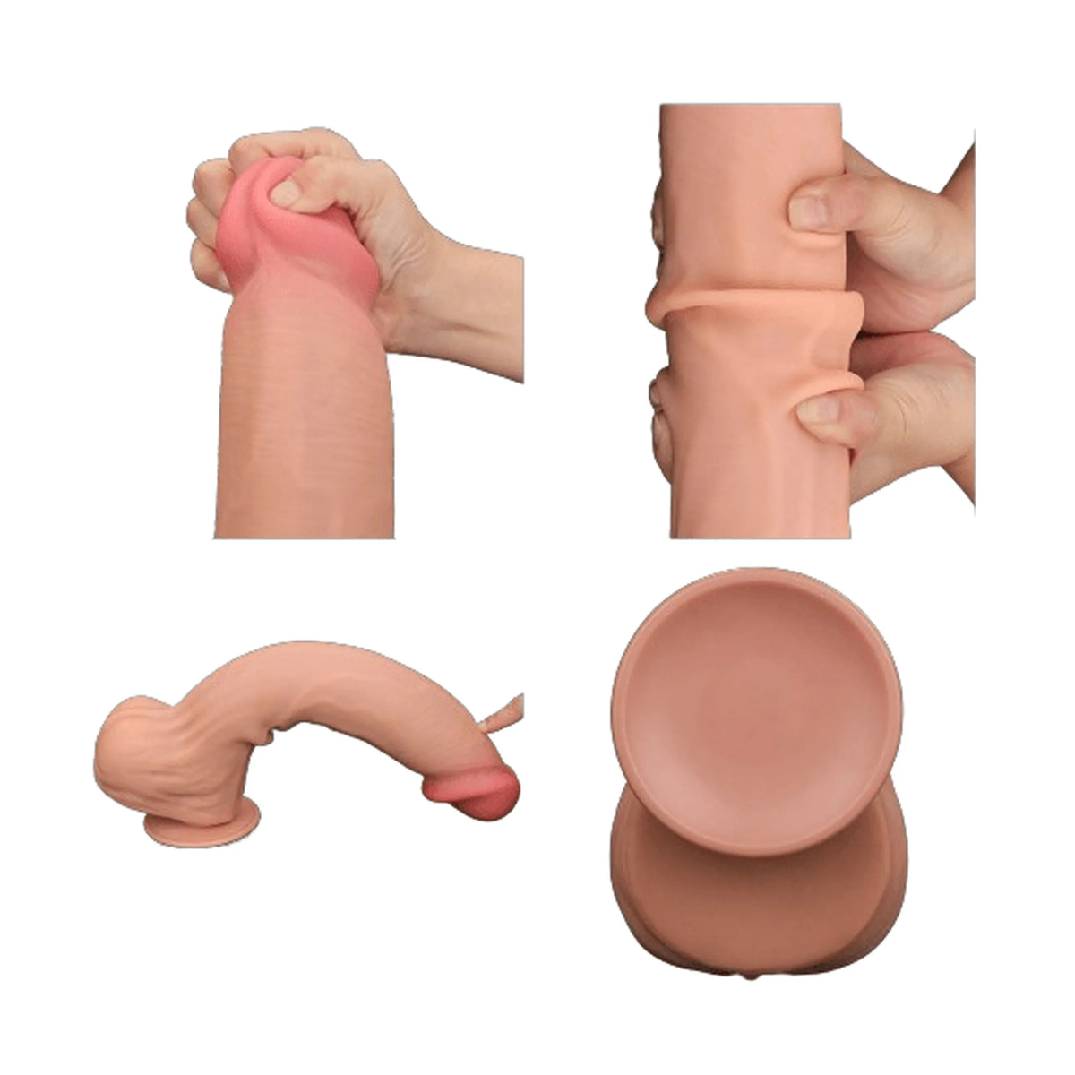 Collage dettaglio dildo scappellabile: flessibilità testa, struttura doppio strato e base piatta