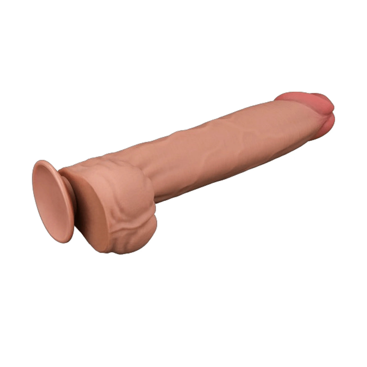 Dildo realistico orizzontale colore carne con forma anatomica pene e scrota e base piatta