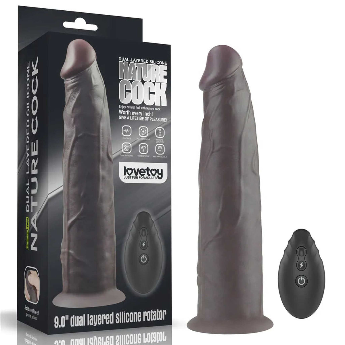 Confezione scatola dildo vibrante Nature Cock nero in silicone doppio strato con telecomando