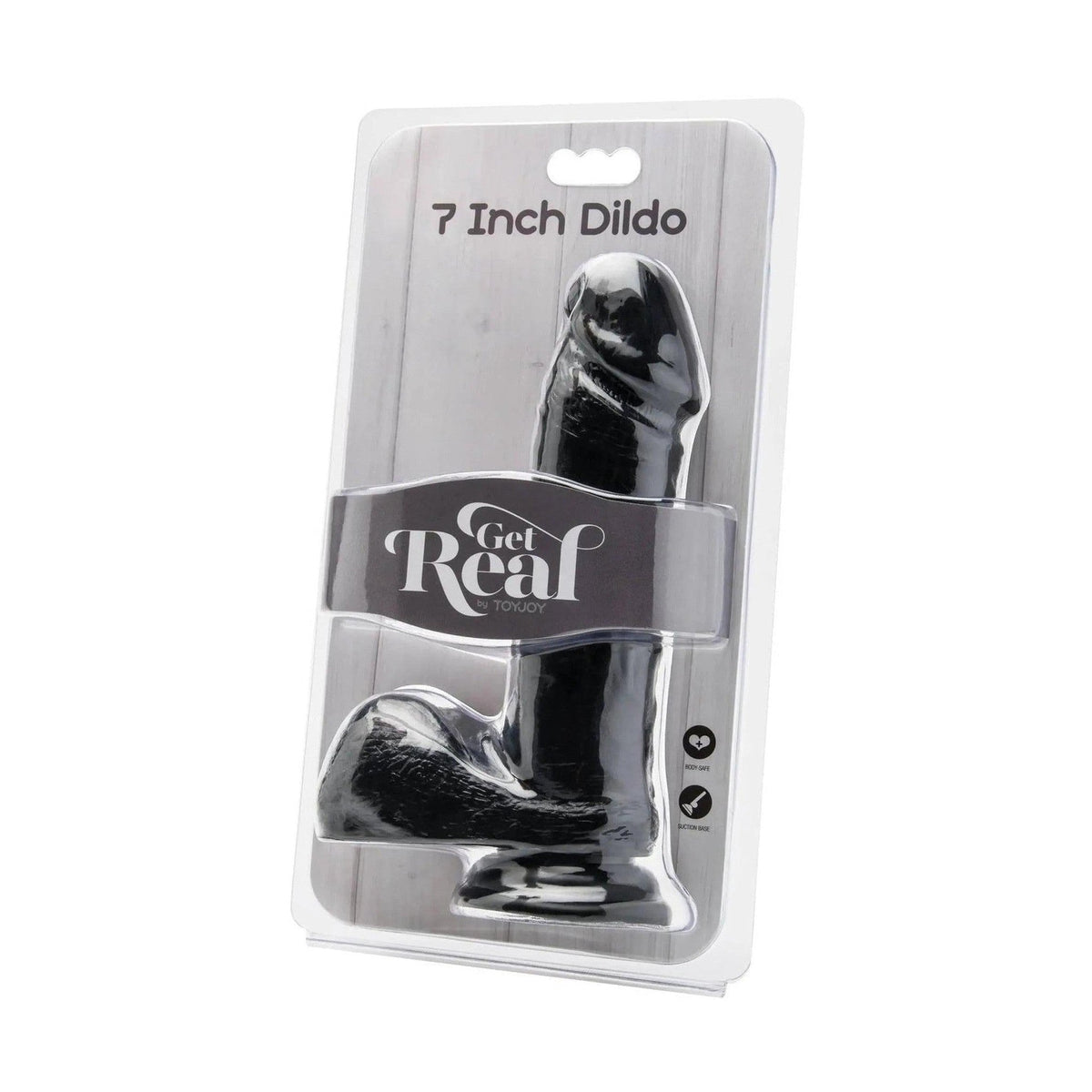 Dildo nero realistico con ventosa e testicoli in silicone Vital-Skin, confezione Get Real