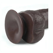 Dettaglio base adesiva circolare e texture testicolare dildo nero TPE