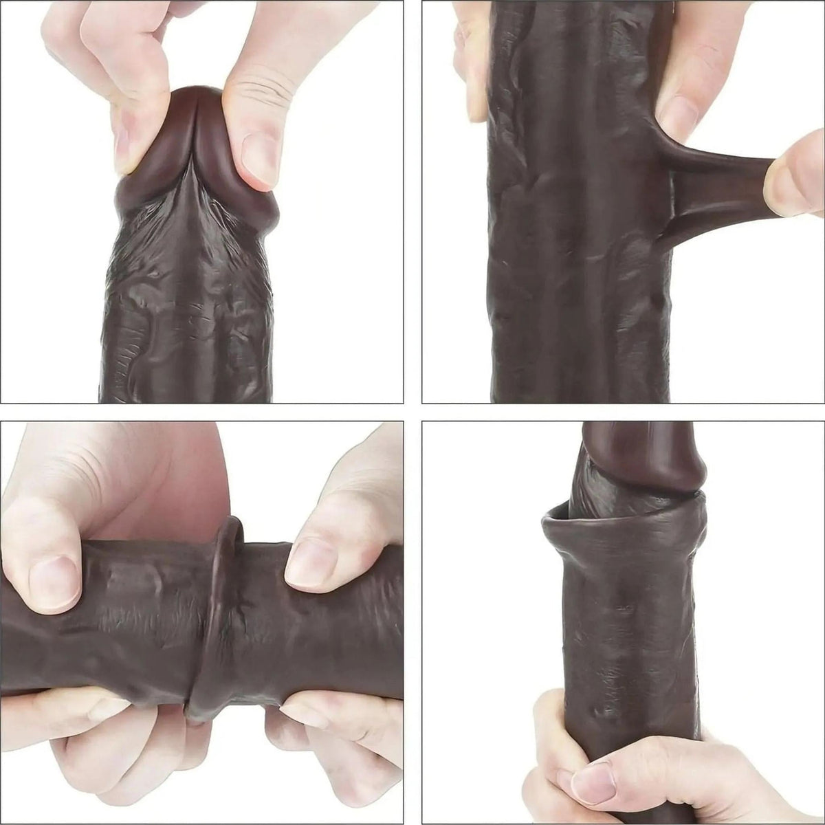 Collage funzionale dildo nero: flessibilità glande, corpo anulare e base adesiva