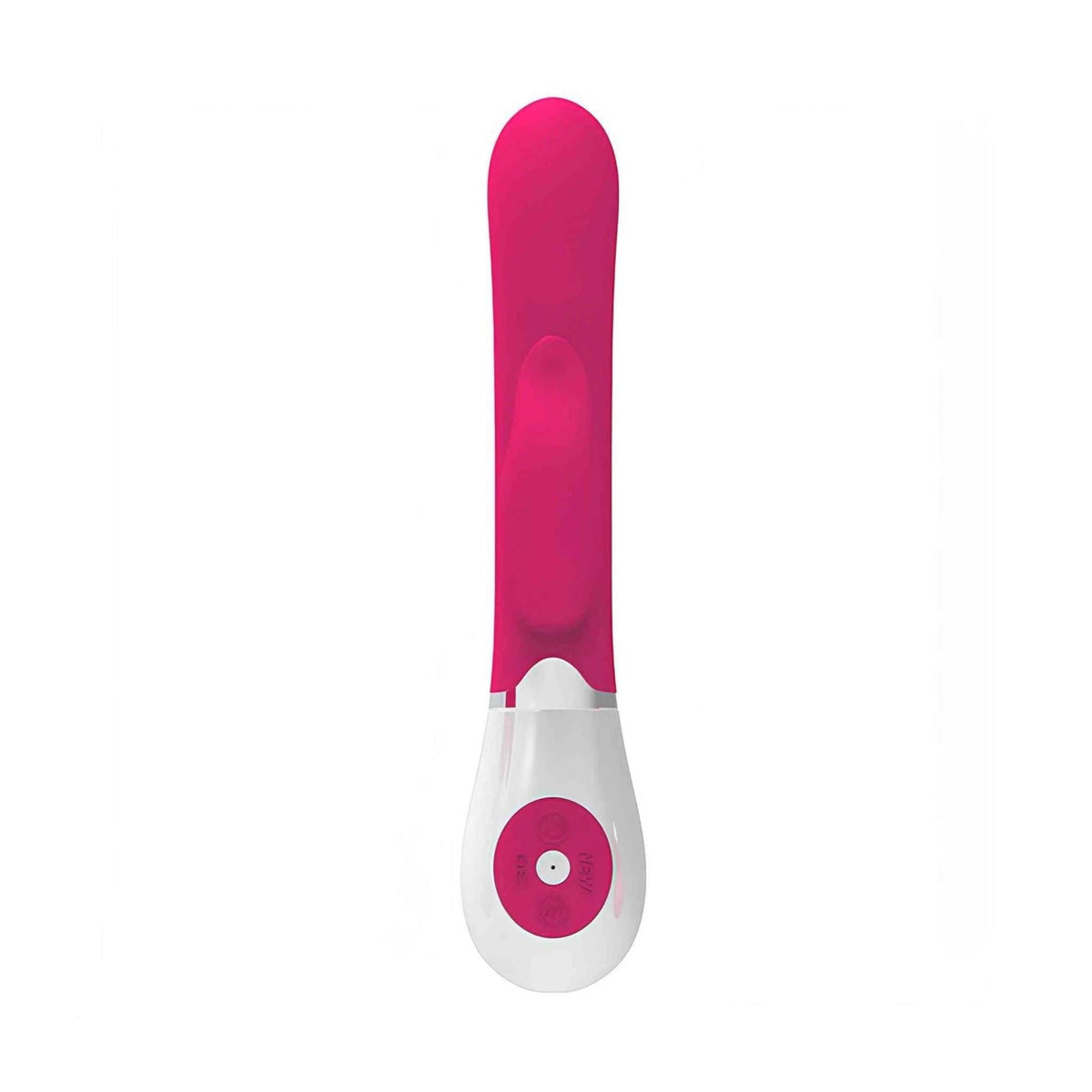 Vibratore rabbit rosa frontale con base trasparente e scritta NEW sul pannello