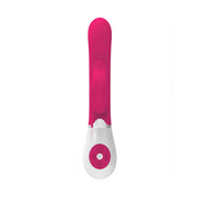 Vibratore rabbit rosa frontale con base trasparente e scritta NEW sul pannello