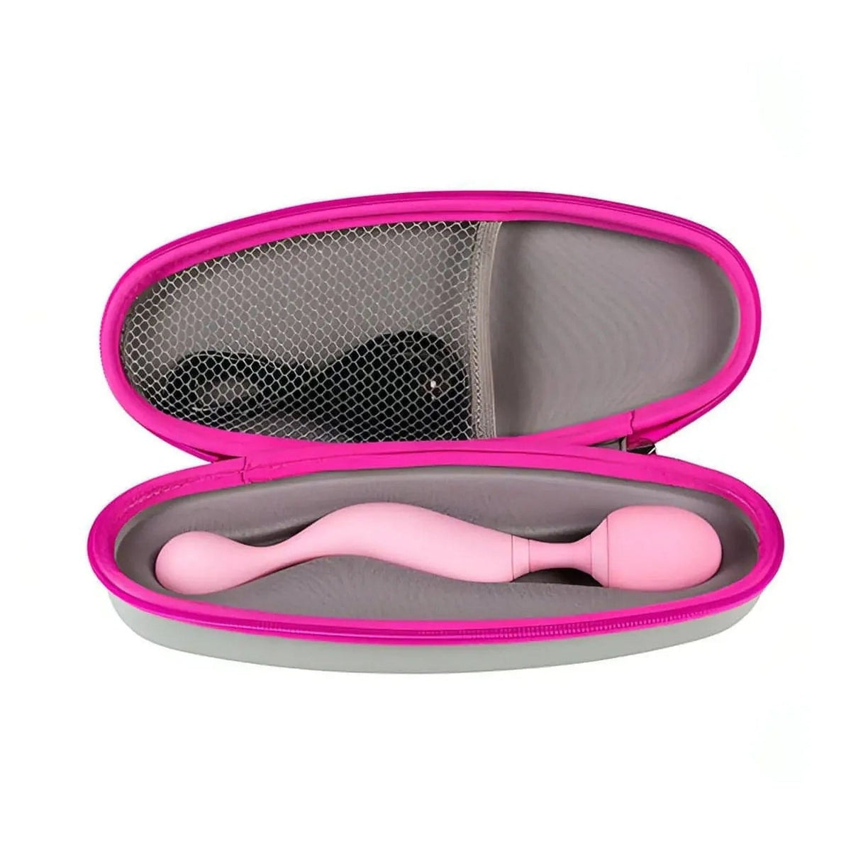 Custodia rigida rosa aperta contenente massaggiatore universale ricaricabile USB