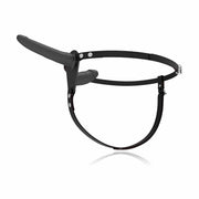 Vista laterale strapon doppio nero Flesh Up con inserti di diverse dimensioni