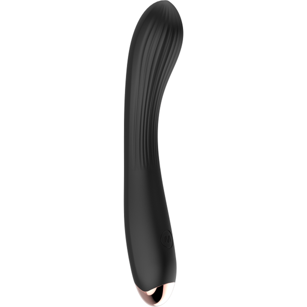Vibratore G-spot nero silicone morbido con righe verticali stimolazione base dorata