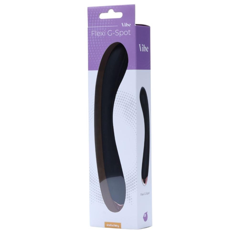 Confezione Vibe Flexi G-Spot nera scatola viola trasparente logo Sins Factory