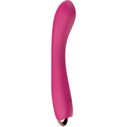 Vibratore vaginale rosa acceso con texture righe verticali e logo circolare
