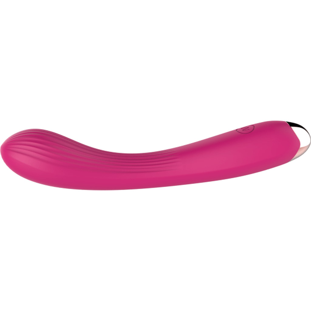 Vibratore vaginale rosa orizzontale curvo con punta metallica e logo circolare