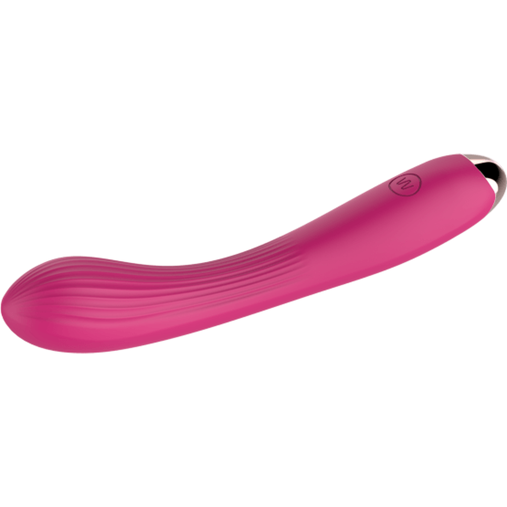 Vibratore G-spot rosa lato flessibile con texture righe verticali e punta metallica