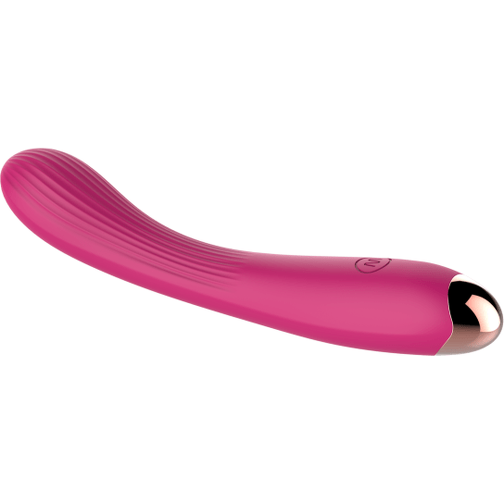 Vibratore rosa acceso diagonale flessibile con punta metallica lucida e logo