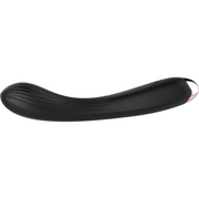 Vibratore flessibile nero orizzontale con punta metallica dorata e logo inciso