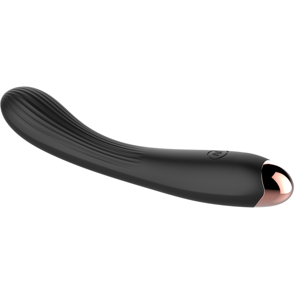 Vibratore flessibile nero opaco con texture righe e punta metallica dorata