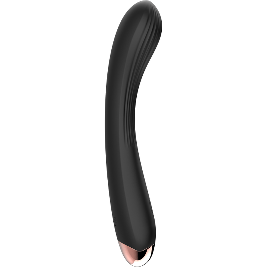 Vibratore vaginale nero profilo con texture righe verticali e punta metallica rosa oro