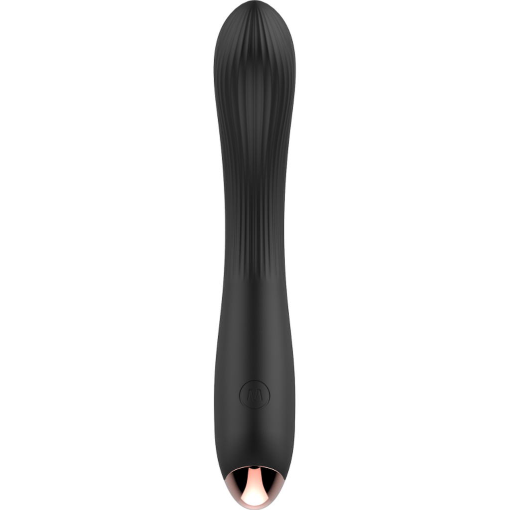Vibratore G-spot nero frontale curvo con pulsante centrale e punta metallica rosa oro