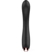 Vibratore G-spot nero frontale curvo con pulsante centrale e punta metallica rosa oro