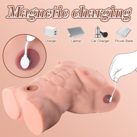 Torso interattivo con ricarica magnetica e cavo bianco su sfondo rosa