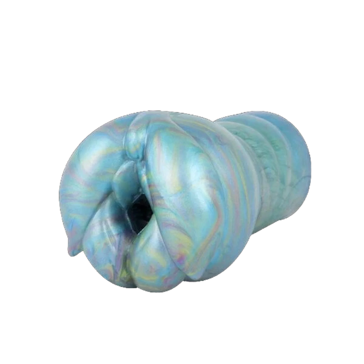 Toy sessuale in silicone iridescente blu-verde viola con apertura centrale