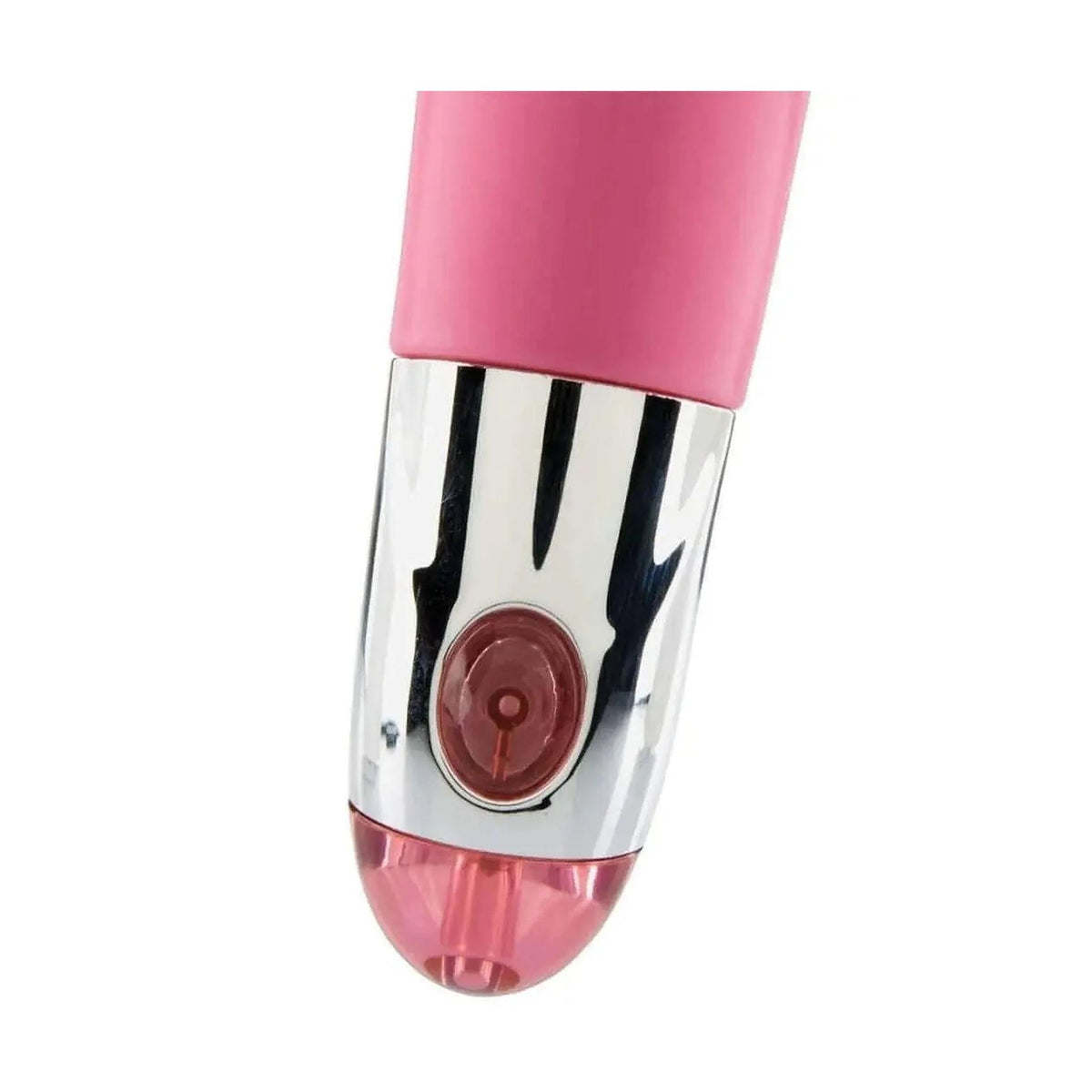 Vibratore a coniglio rosa fucsia in silicone morbido con finitura cromata e pulsante di accensione