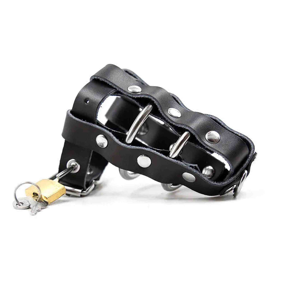 Gabbia per pene cuoio nero anelli metallici vista diagonale chiavi