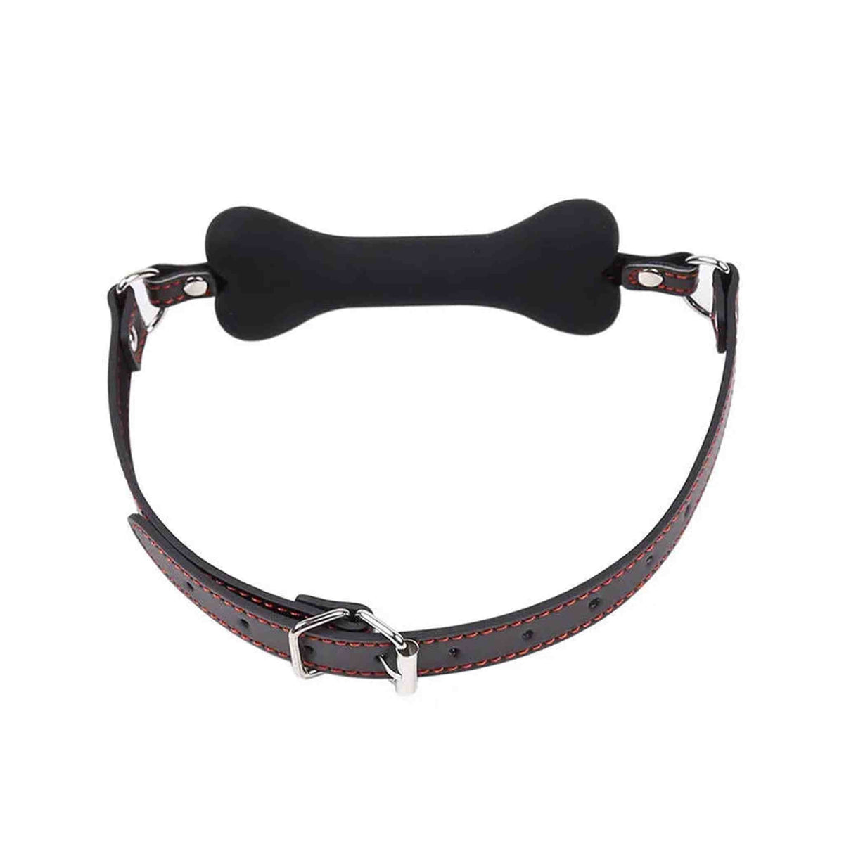 Collare in pelle nera con cuciture rosse e osso in silicone nero