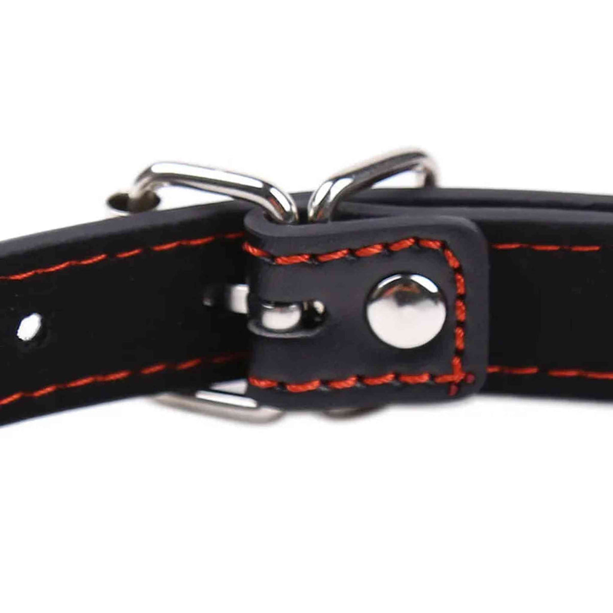 Collare pelle nera con cuciture arancioni fibbia argento e bottone pressione