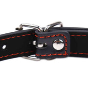 Collare pelle nera con cuciture arancioni fibbia argento e bottone pressione
