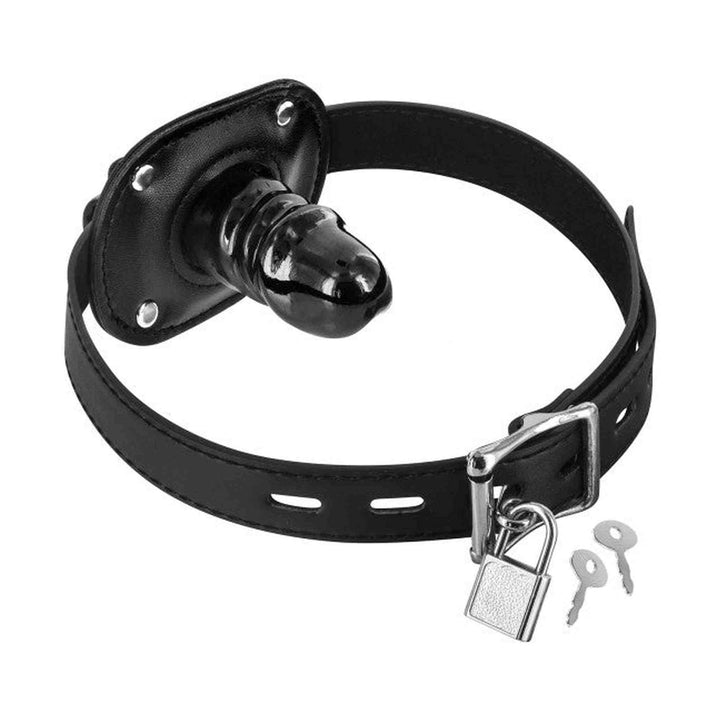 Gag nera con mini fallo 5.5 cm e lucchetto in pelle sintetica