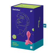 Confezione scatola blu Satisfyer Game Changer Plug Vibrator con illustrazione profilo giallo e garanzia 15 anni