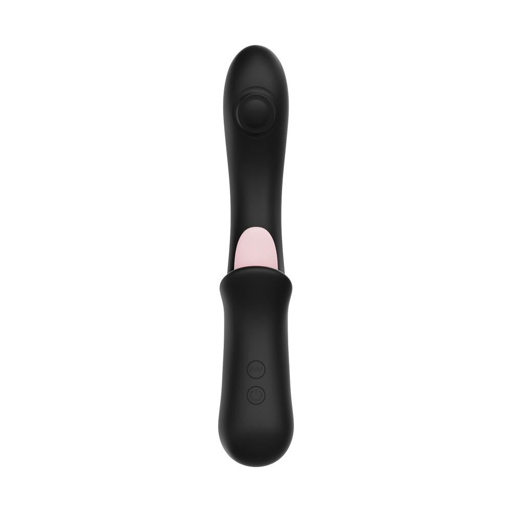 Vibratore vaginale nero con lingua rosa e pulsanti di controllo