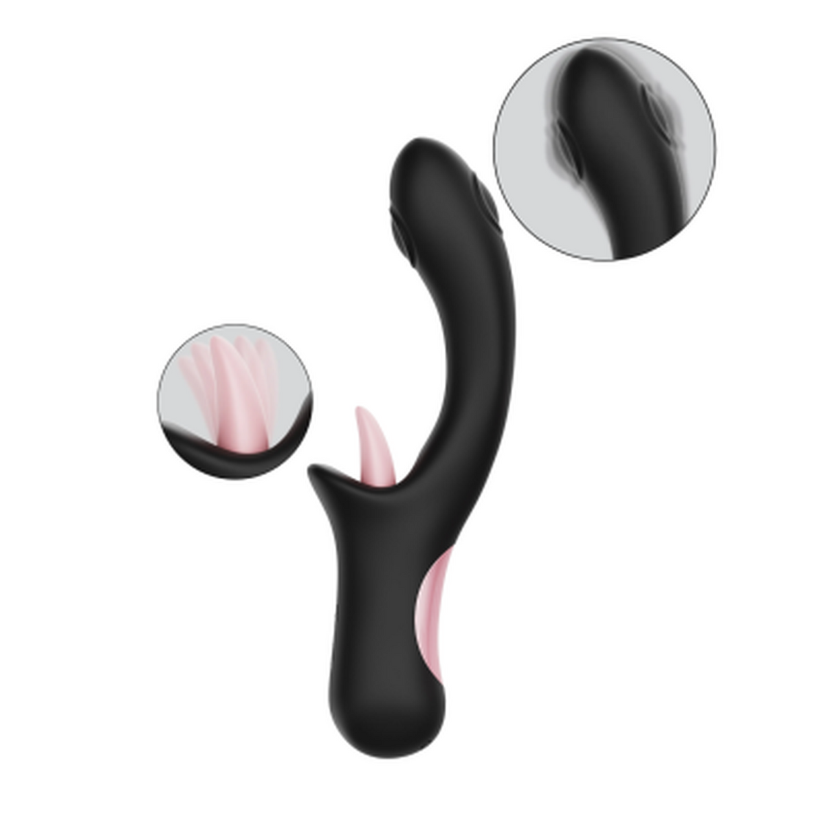 Vibratore rabbit nero con lingua rosa a struttura multipla