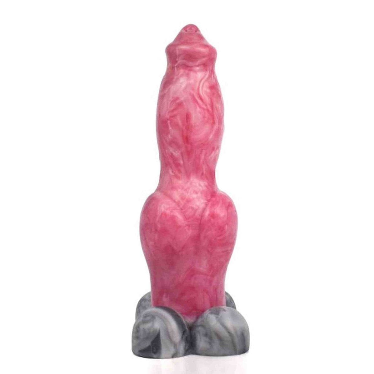Dildo cane lucido rosa e bianco marmorizzato con zampe grigio scuro venate