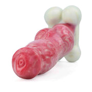 Dildo cane orizzontale rosa e bianco marmorizzato con scanalatura centrale e foro