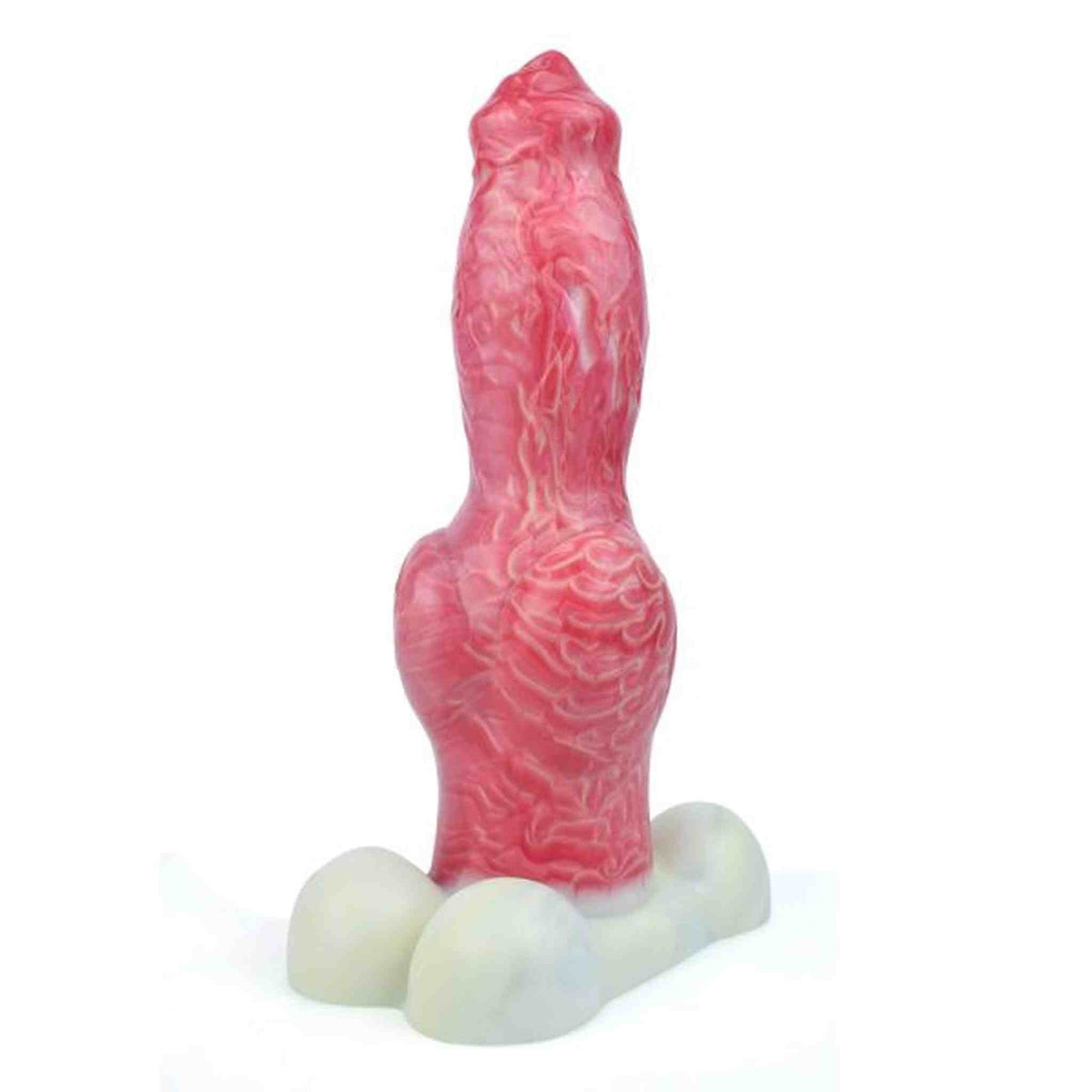 Dildo cane rosa con venature chiare effetto muscoli su base bianca opaca a tre zampe