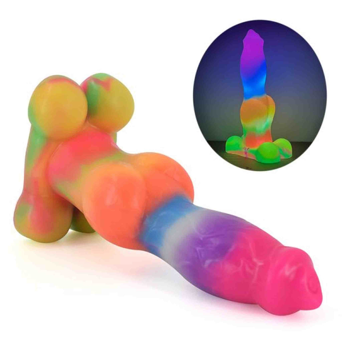 Dildo cane in silicone morbido multicolore effetto marmorizzato con punta luminosa al buio