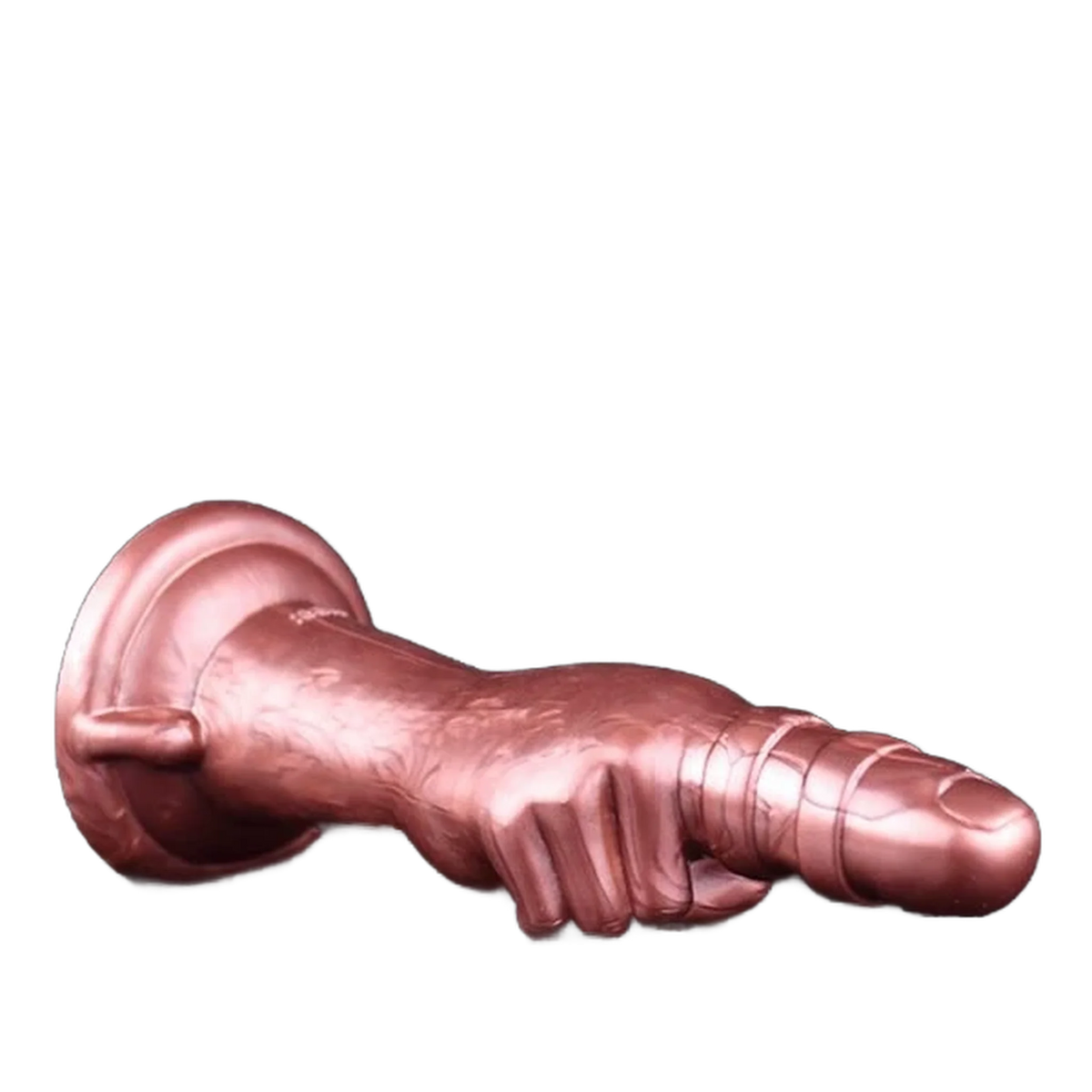 Dildo silicone rosa orizzontale base rotonda con manico laterale e dita avvolgenti