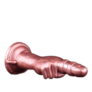Dildo silicone rosa orizzontale base rotonda con manico laterale e dita avvolgenti