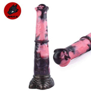 Dildo fantasy Gightning in silicone rosa e nero con logo NNSX testa di lupo e base a zampa
