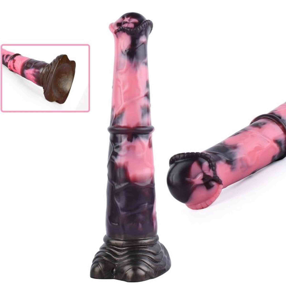 Vista ravvicinata dildo fantasy Gightning in silicone rosa e nero con dettaglio base a zampa