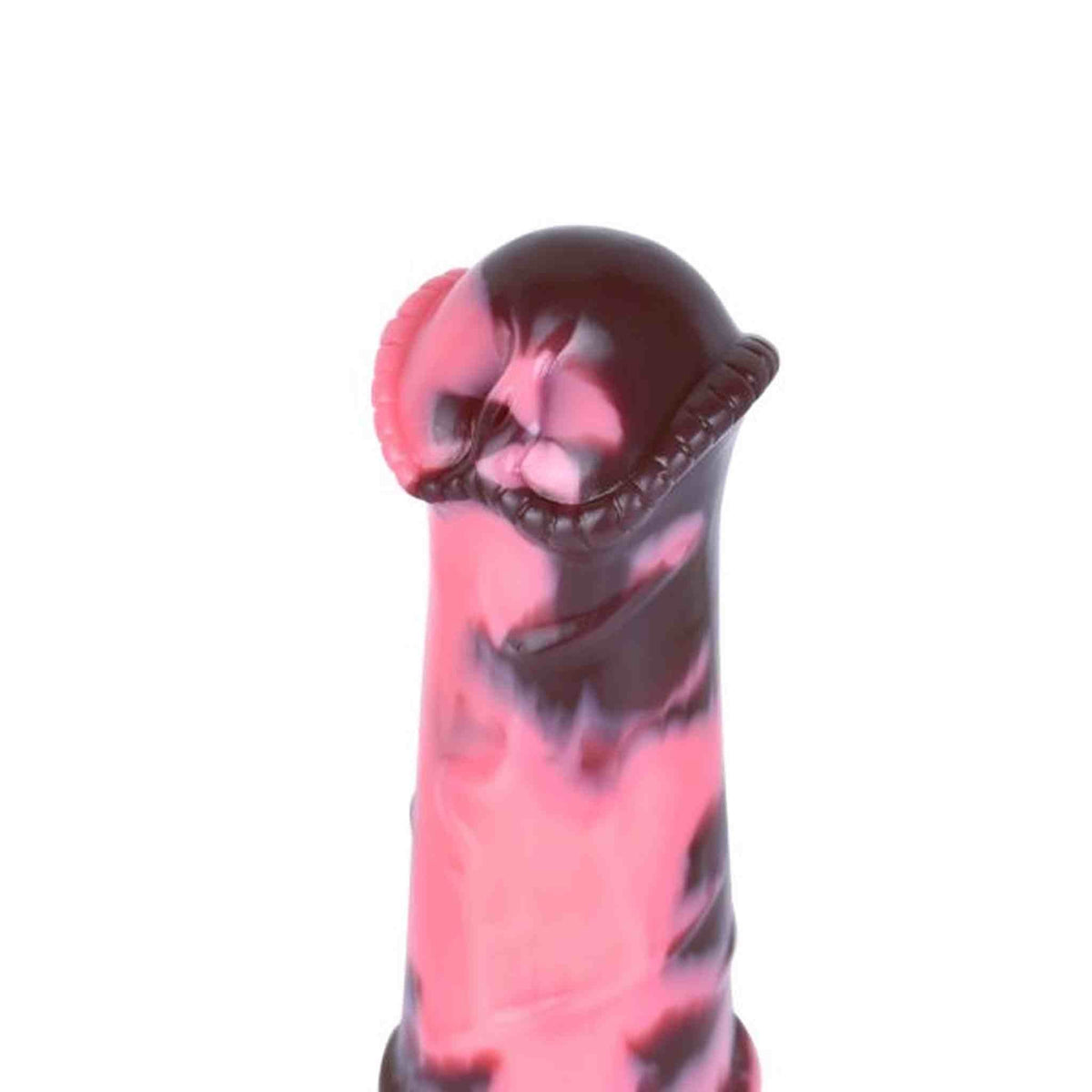 Dettaglio testa dildo fantasy Gightning in silicone rosa e nero con texture simile a squame