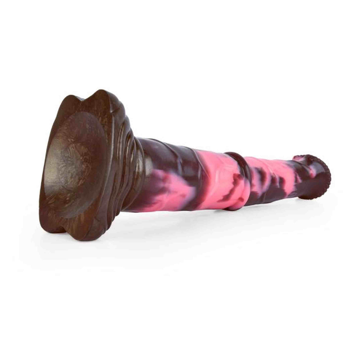 Dildo fantasy Gightning in silicone rosa e nero effetto marmorizzato con base marrone ondulata