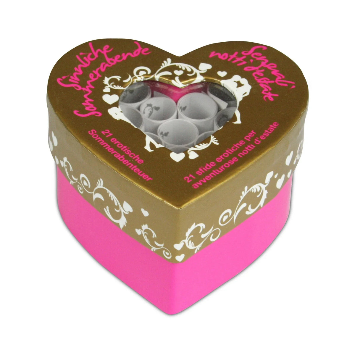 Gioco erotico cuore rosa brillante con coperchio dorato e 21 sfide