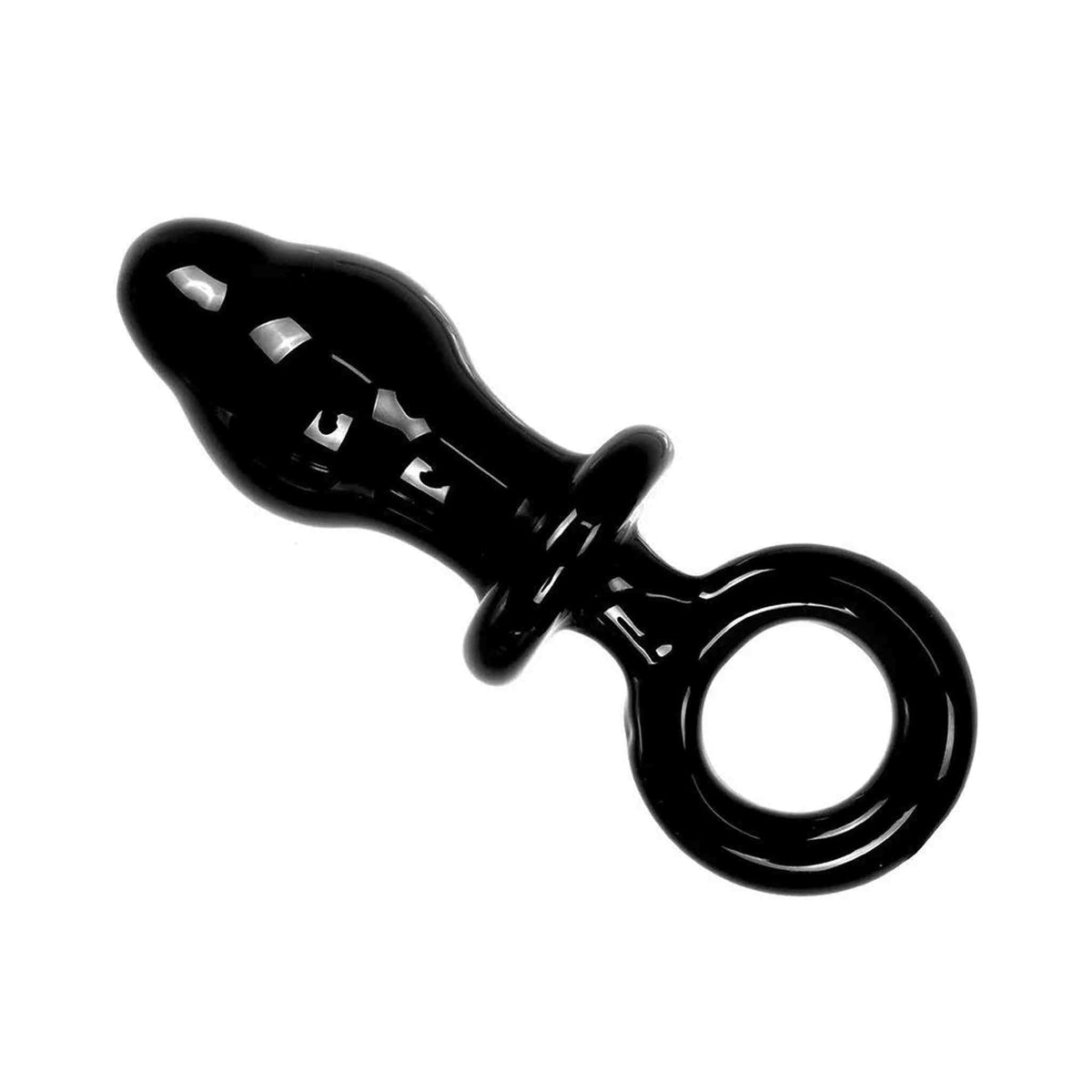 Plug anale nero in vetro borosilicato con anello di trazione e design curvo